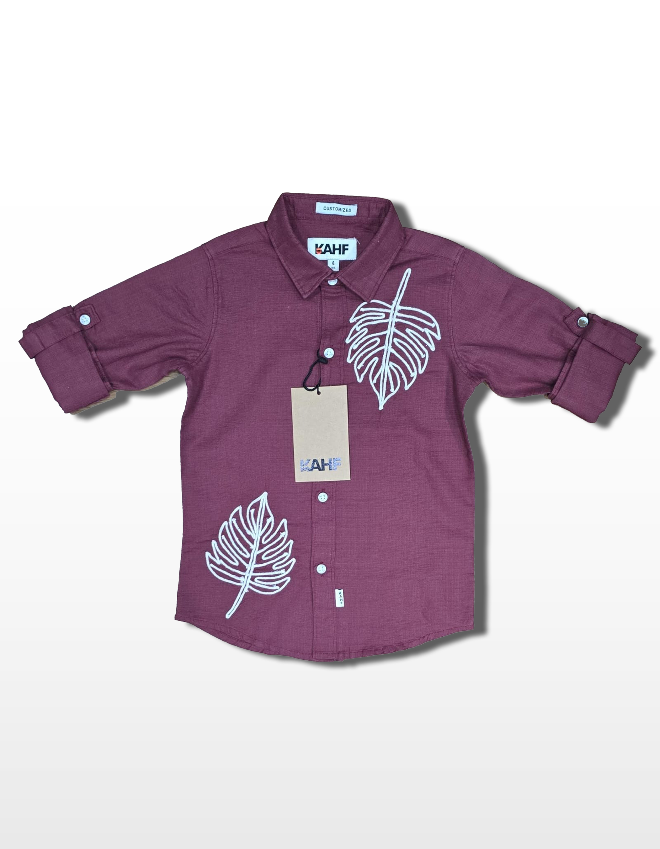Tropical Leaf Embroided Shirt - Wine Purple